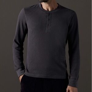 AETHER Organic Cotton Charcoal Gray Waffle Long Sleeve Henley Button Thermal Top
